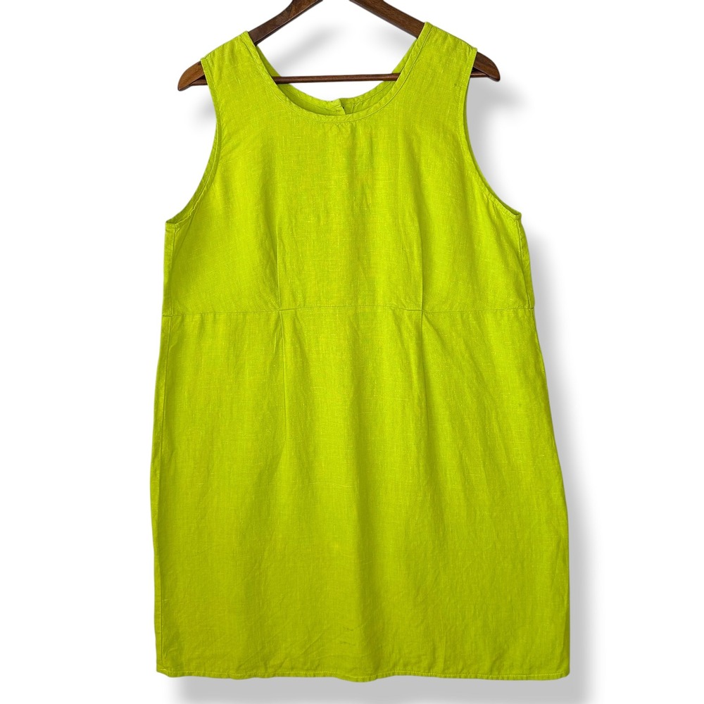 FLAX 100% Linen Sleeveless Shift Dress M Chartreuse Green Button Back Artsy Chic